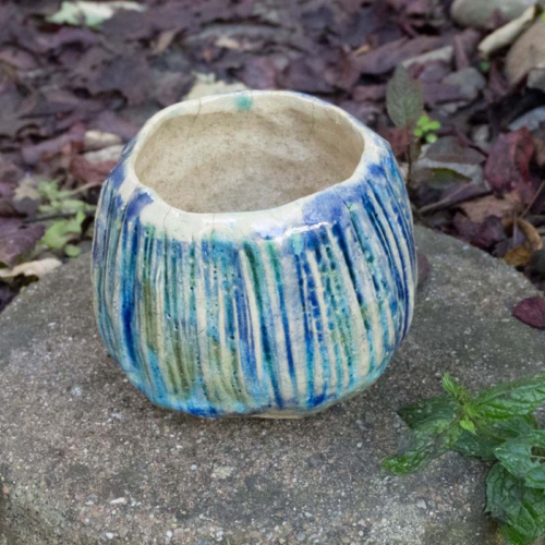 handgeformte Teeschale, Transparent und Kobaltblau, ø7cm, Höhe 6,5cm, 55€