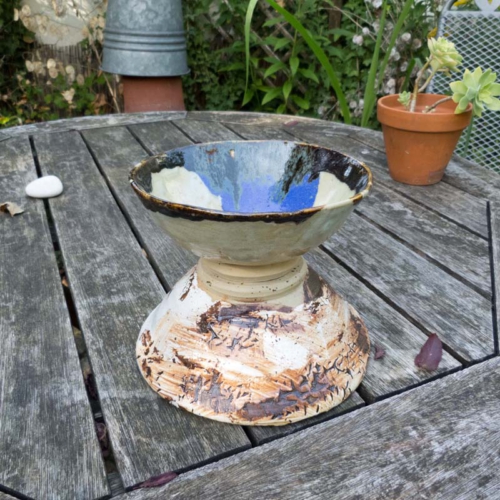 obere Schale, transparent/blau/Temmoku, ø 15cm, Höhe 6,5cm, 30€