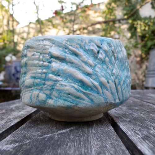 Teeschale, handaufgebaut, Tranparent und Türkis, ø 9,5cm, Höhe 7,5, 45€